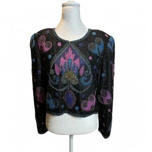 Beaded Silk Cardigan Carolyne Barton Night Sz L, P-P20”L19” #1980’s #Valentine